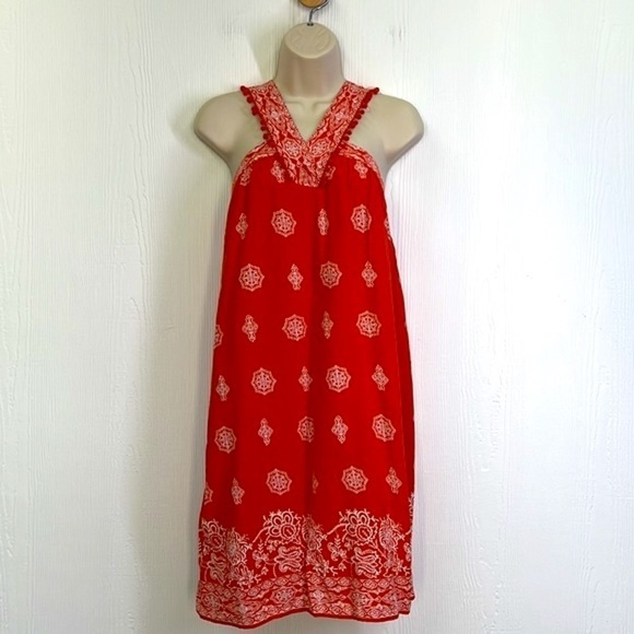 Ann Taylor Loft - Orange Floral White Design V Neck Pom Poms Midi Dress Size SM - Picture 2 of 14